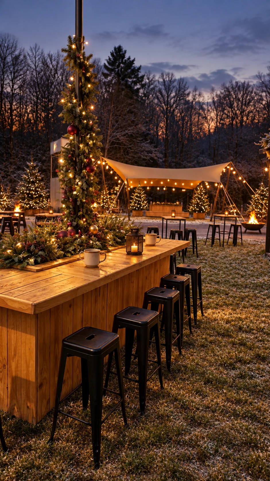 Hoge houten plantenbar met zwarte barkrukken, dennengroen en warme lichtjes onder een winterse tent