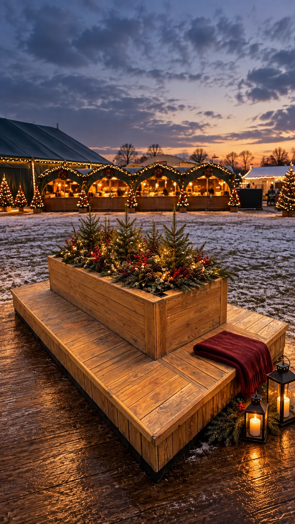Houten zitbank rond een rechthoekige plantenbak, aangekleed met kerstgroen en een bordeaux plaid op een kerstmarkt