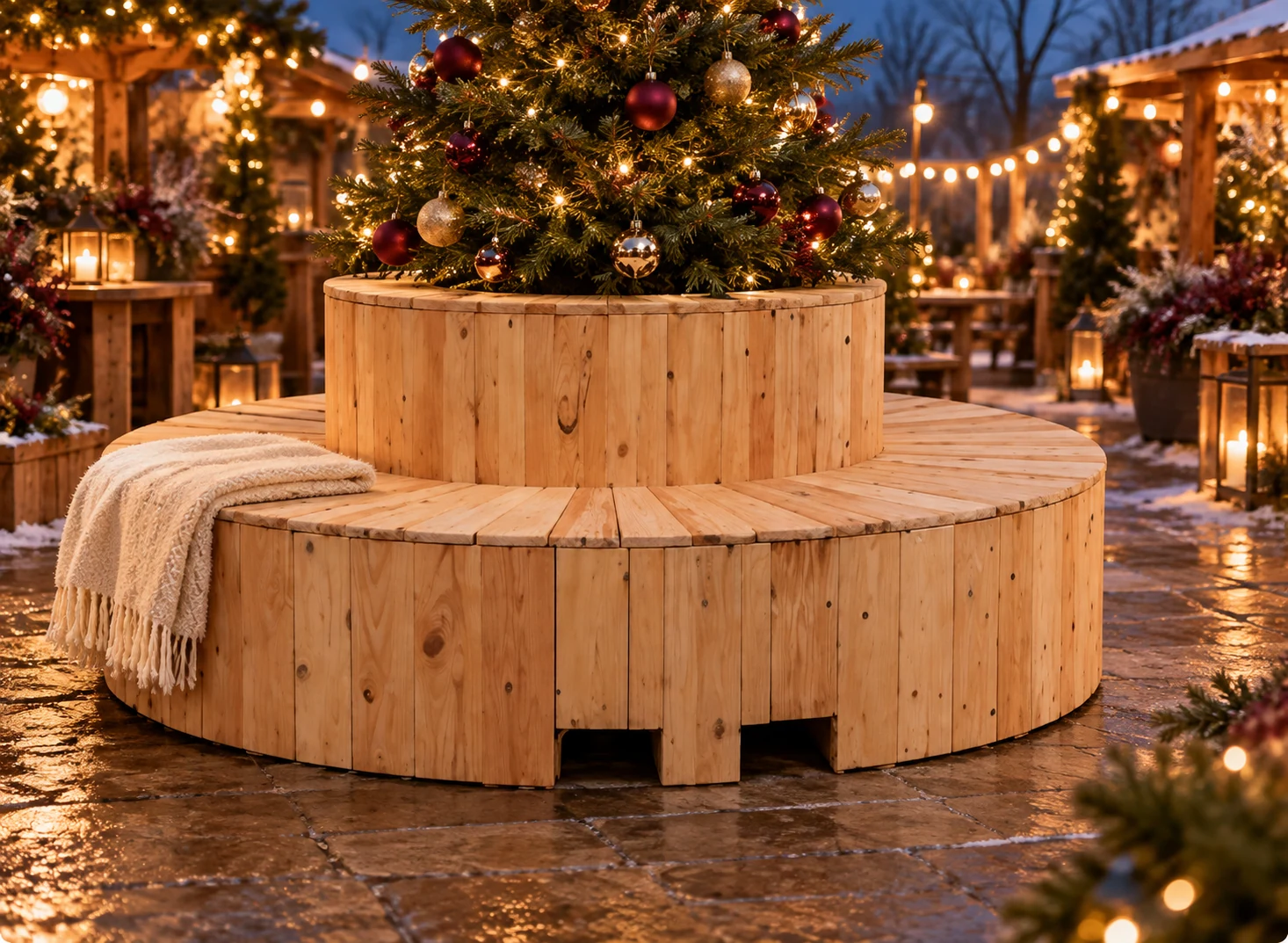 Ronde houten boombank van Total Relax met een versierde kerstboom op een winterterras